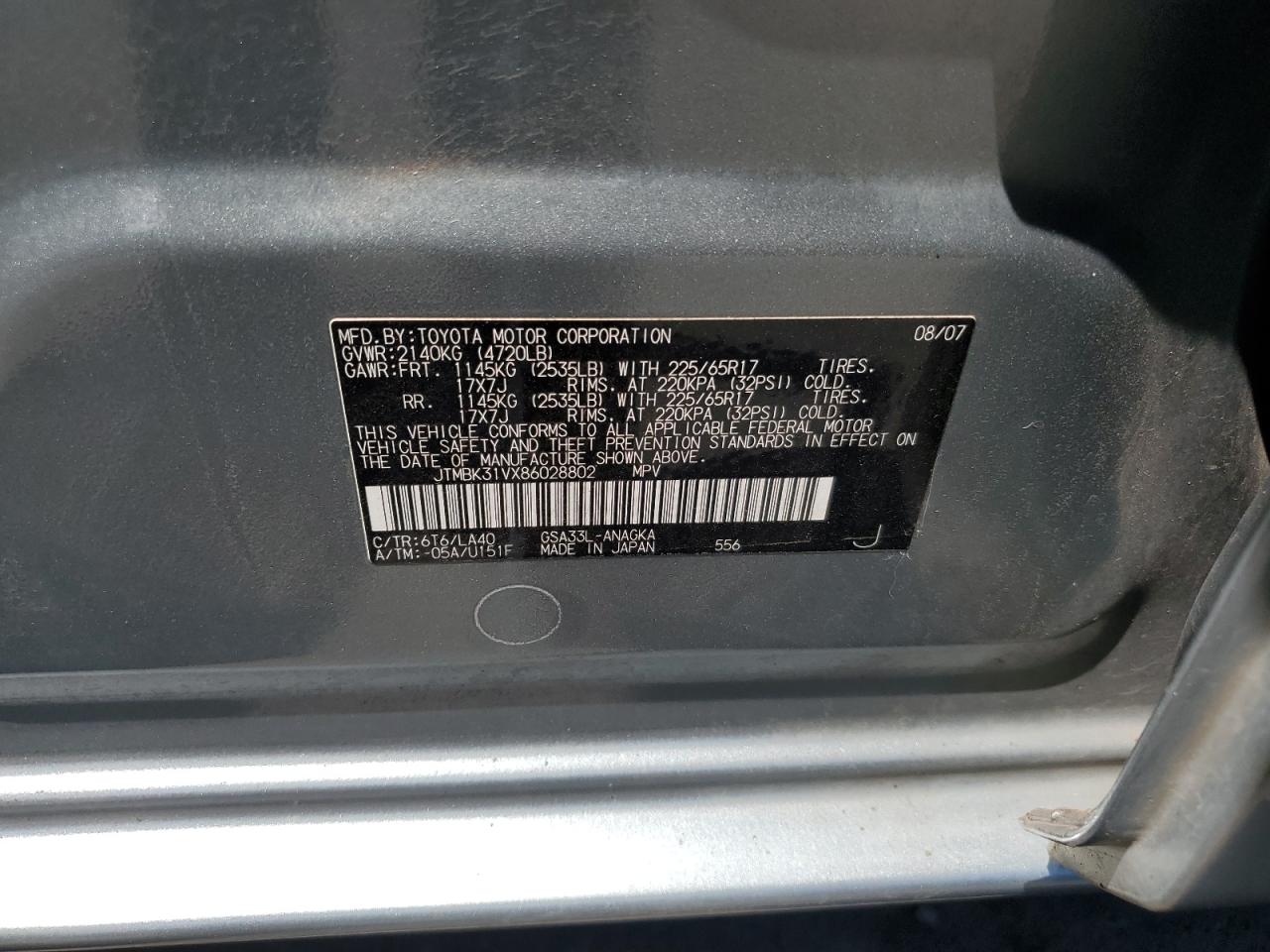 2008 Toyota Rav4 Limited VIN: JTMBK31VX86028802 Lot: 61686424