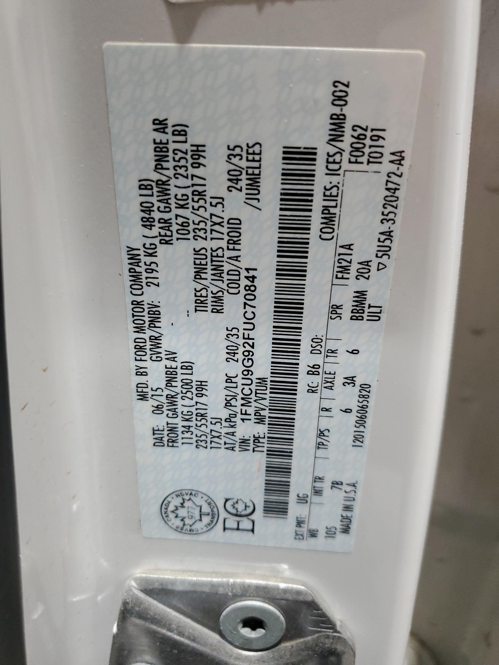 1FMCU9G92FUC70841 2015 Ford Escape Se