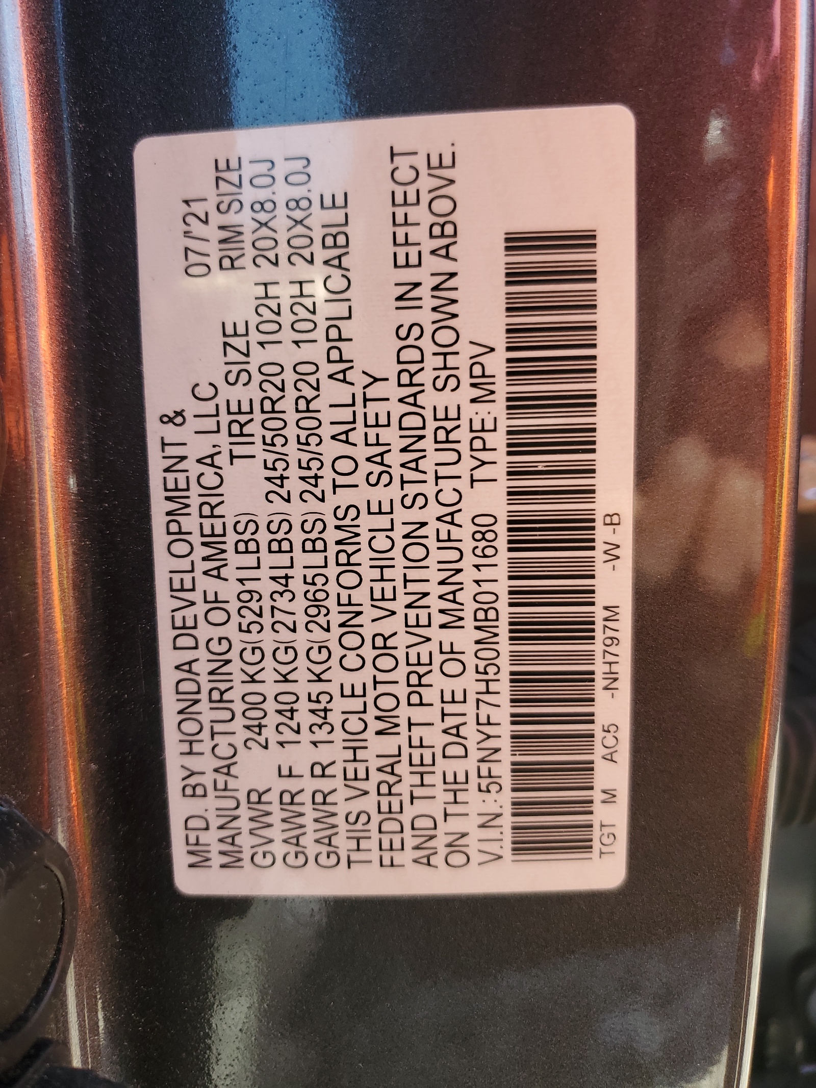 5FNYF7H50MB011680 2021 Honda Passport Exl