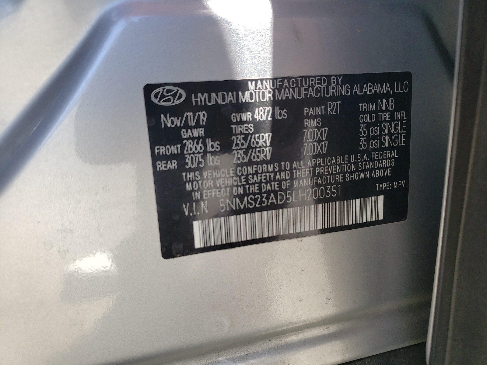 5NMS23AD5LH200351 2020 Hyundai Santa Fe Se