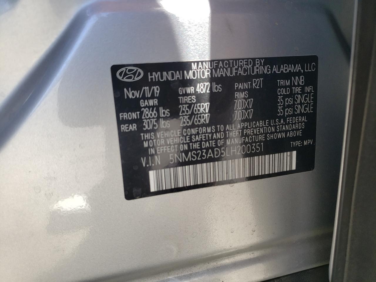 2020 Hyundai Santa Fe Se VIN: 5NMS23AD5LH200351 Lot: 61336514