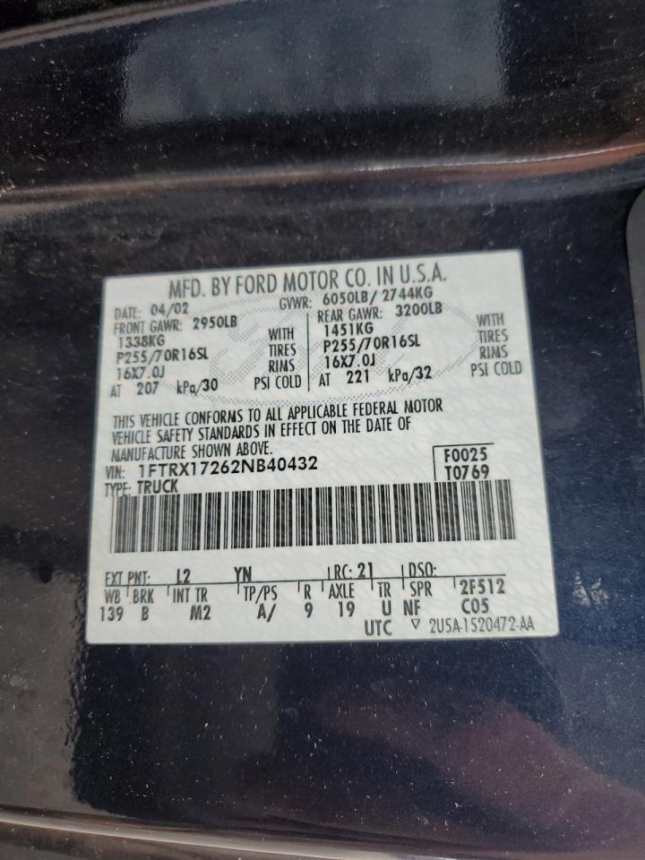 2002 Ford F150 VIN: 1FTRX17262NB40432 Lot: 64084904