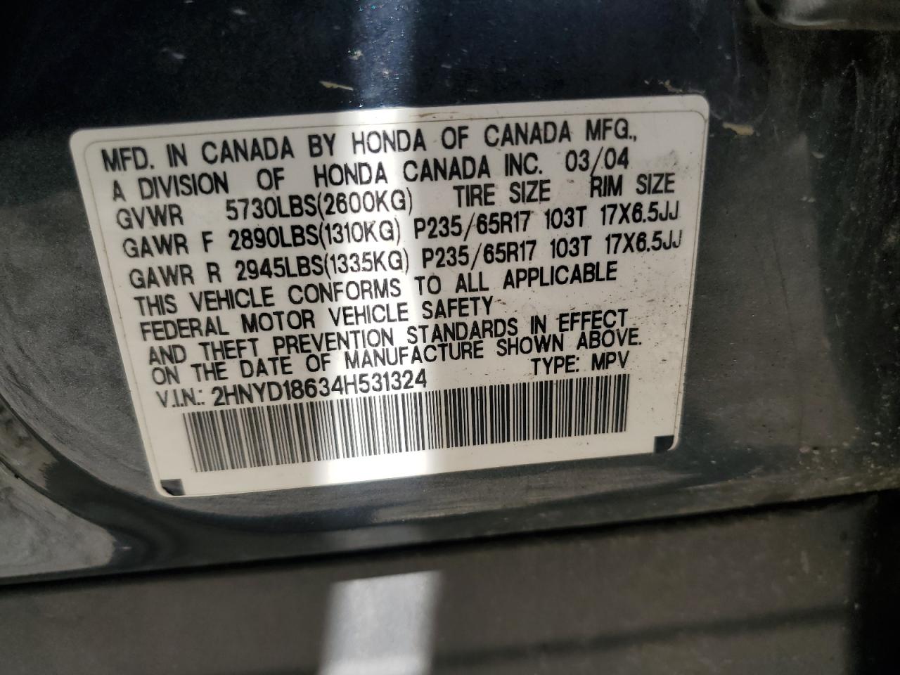 2004 Acura Mdx Touring VIN: 2HNYD18634H531324 Lot: 61066684