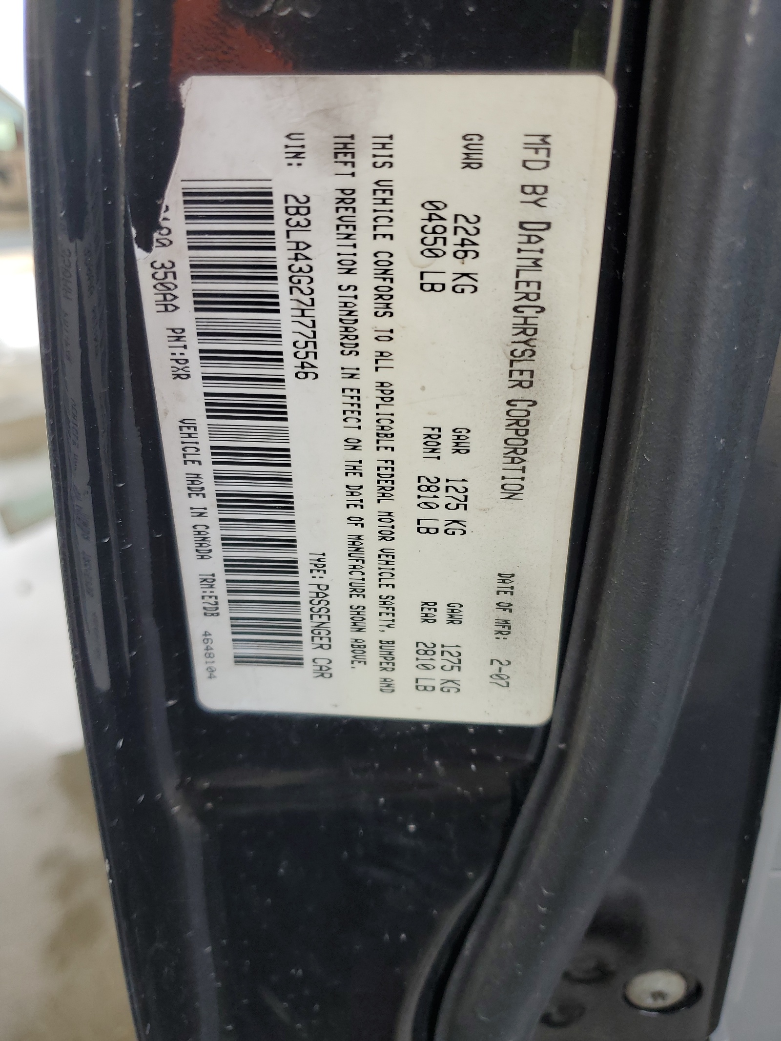 2B3LA43G27H775546 2007 Dodge Charger Se