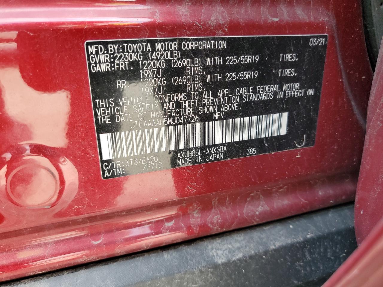 2021 Toyota Venza Le VIN: JTEAAAAH5MJ047726 Lot: 63346334