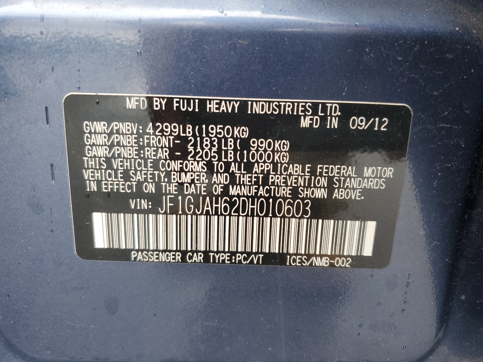 JF1GJAH62DH010603 2013 Subaru Impreza Limited