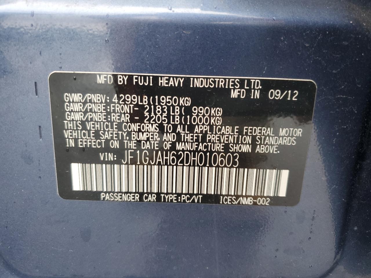 2013 Subaru Impreza Limited VIN: JF1GJAH62DH010603 Lot: 63994214