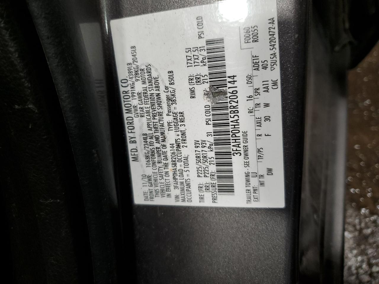 2011 Ford Fusion Se VIN: 3FAHP0HA5BR206144 Lot: 62806244