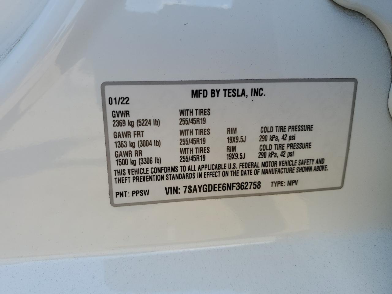 2022 Tesla Model Y VIN: 7SAYGDEE6NF362758 Lot: 63049514