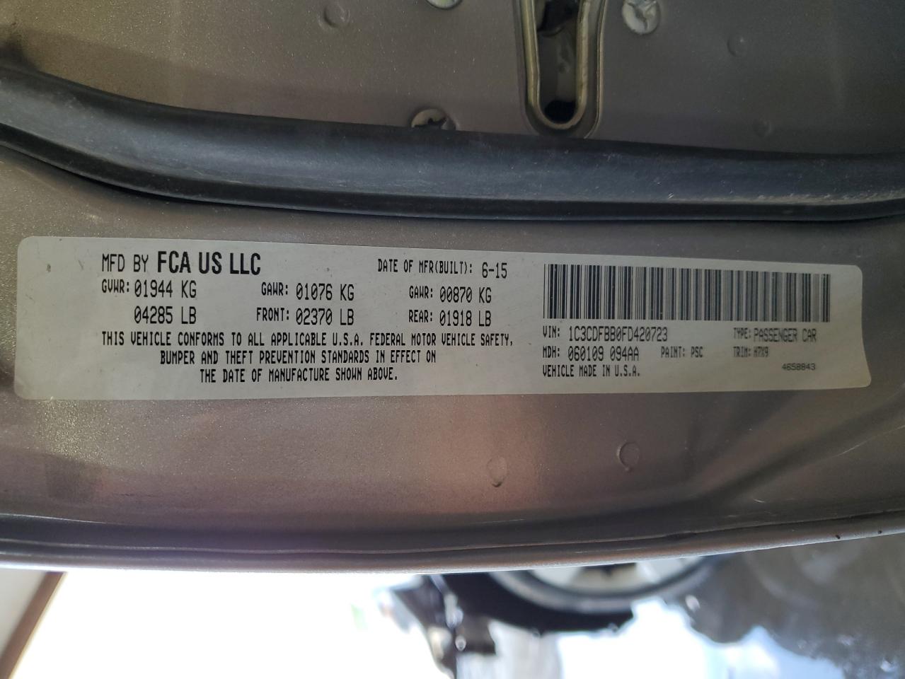 2015 Dodge Dart Sxt VIN: 1C3CDFBB0FD420723 Lot: 63121004