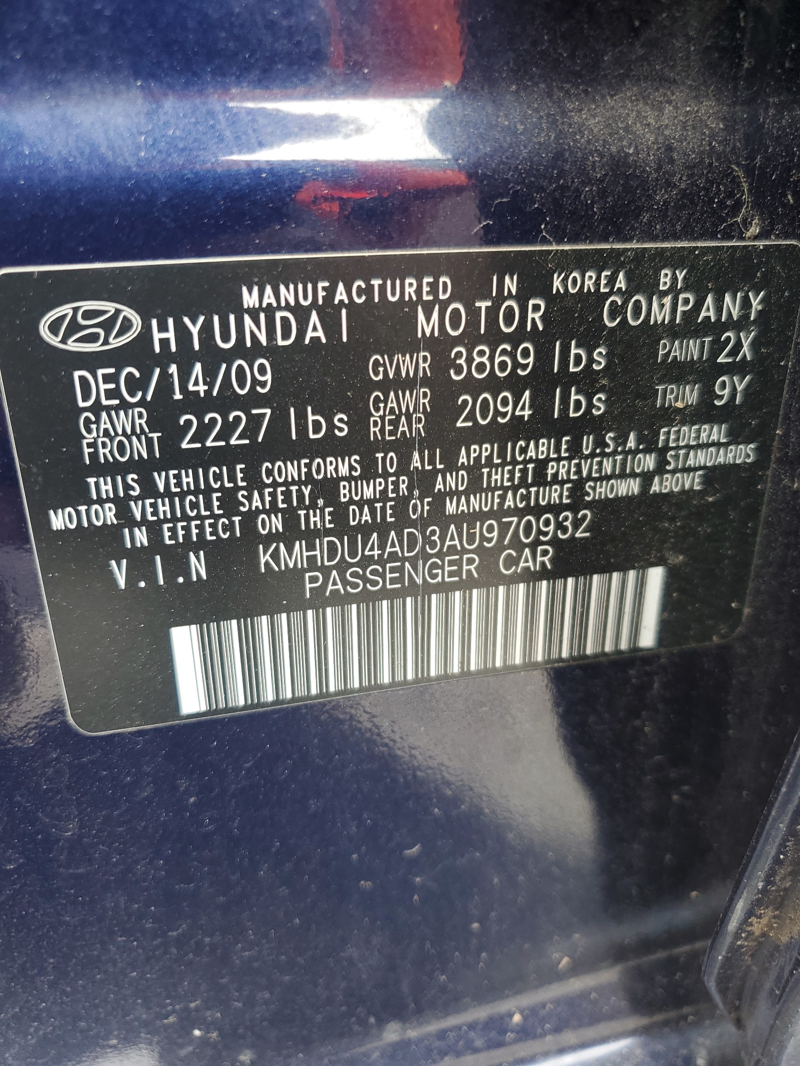 KMHDU4AD3AU970932 2010 Hyundai Elantra Blue