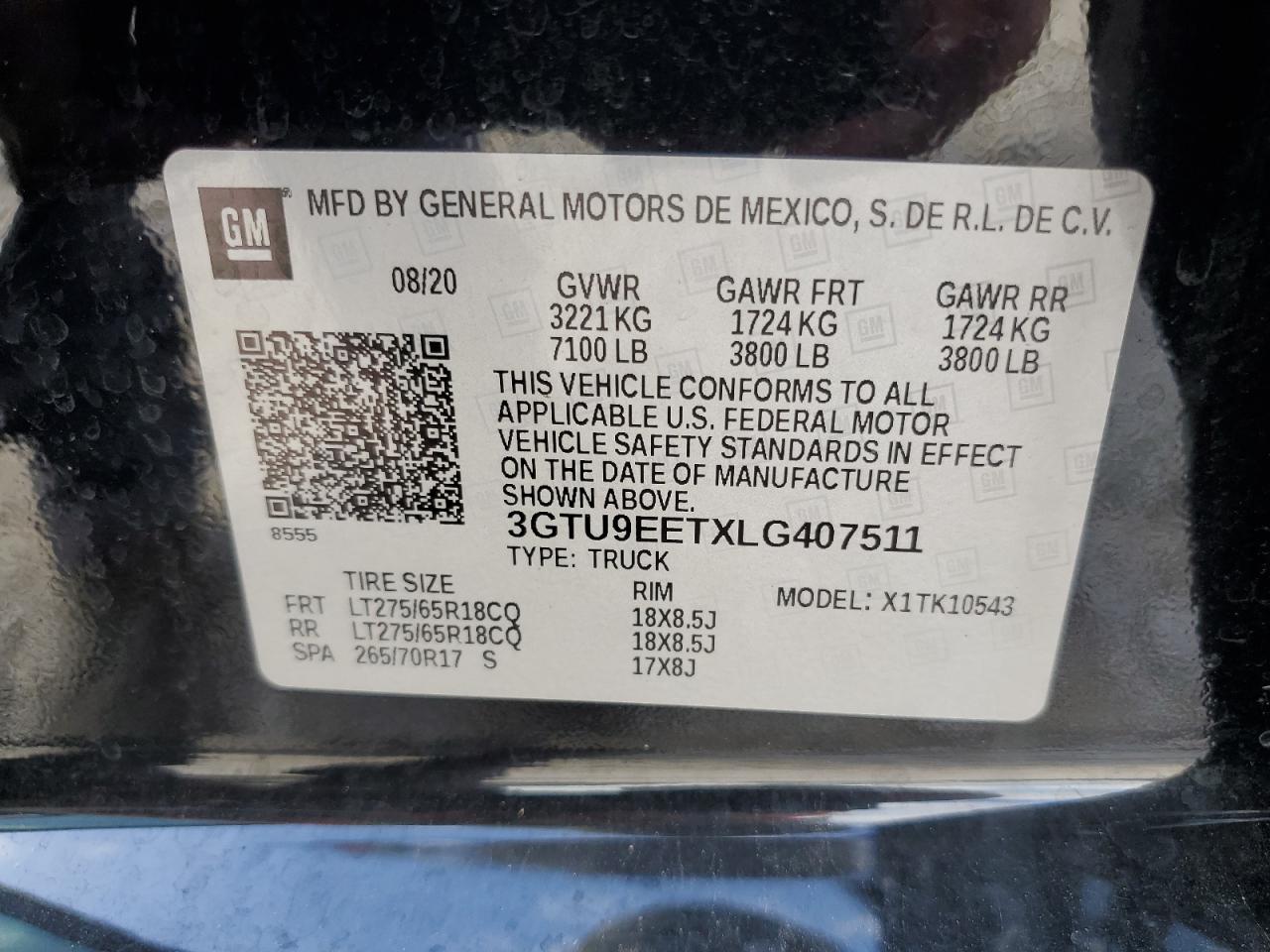 2020 GMC Sierra K1500 At4 VIN: 3GTU9EETXLG407511 Lot: 64757034