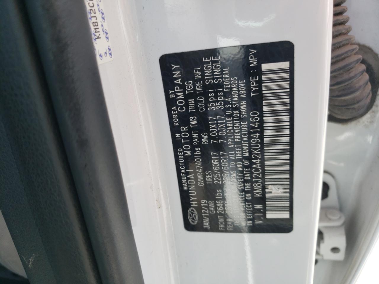 2019 Hyundai Tucson Se VIN: KM8J2CA42KU941460 Lot: 61497024