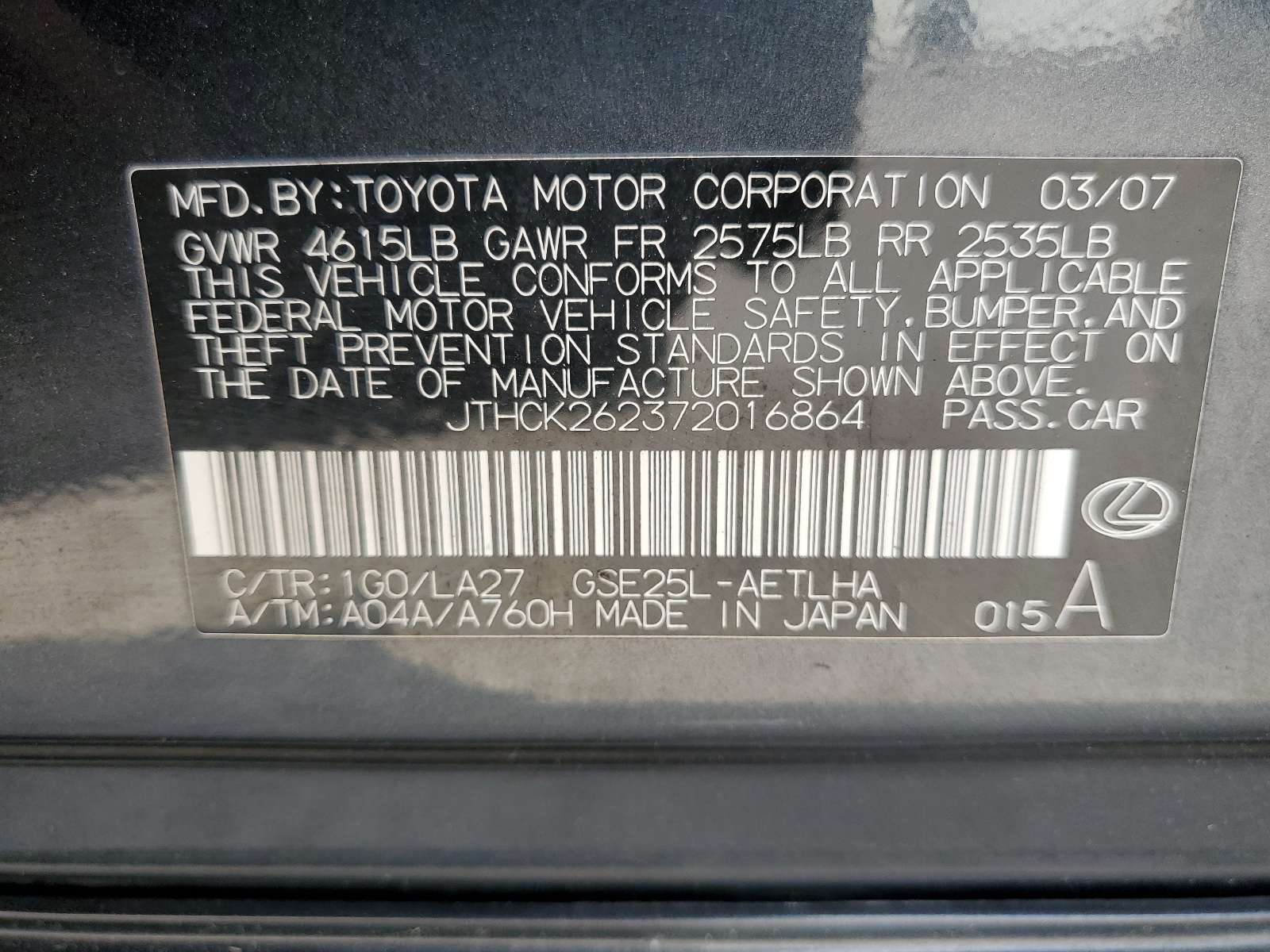 JTHCK262372016864 2007 Lexus Is 250