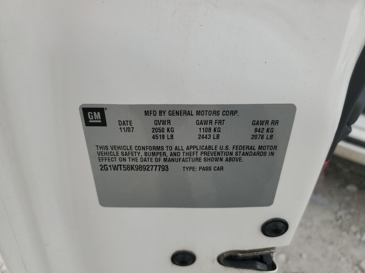 2008 Chevrolet Impala Lt VIN: 2G1WT58K989277793 Lot: 63231914