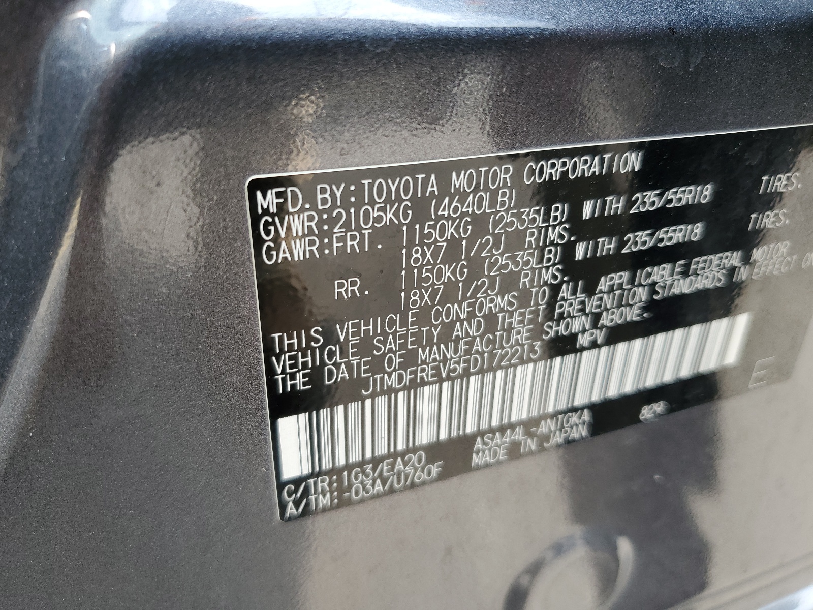 JTMDFREV5FD172213 2015 Toyota Rav4 Limited