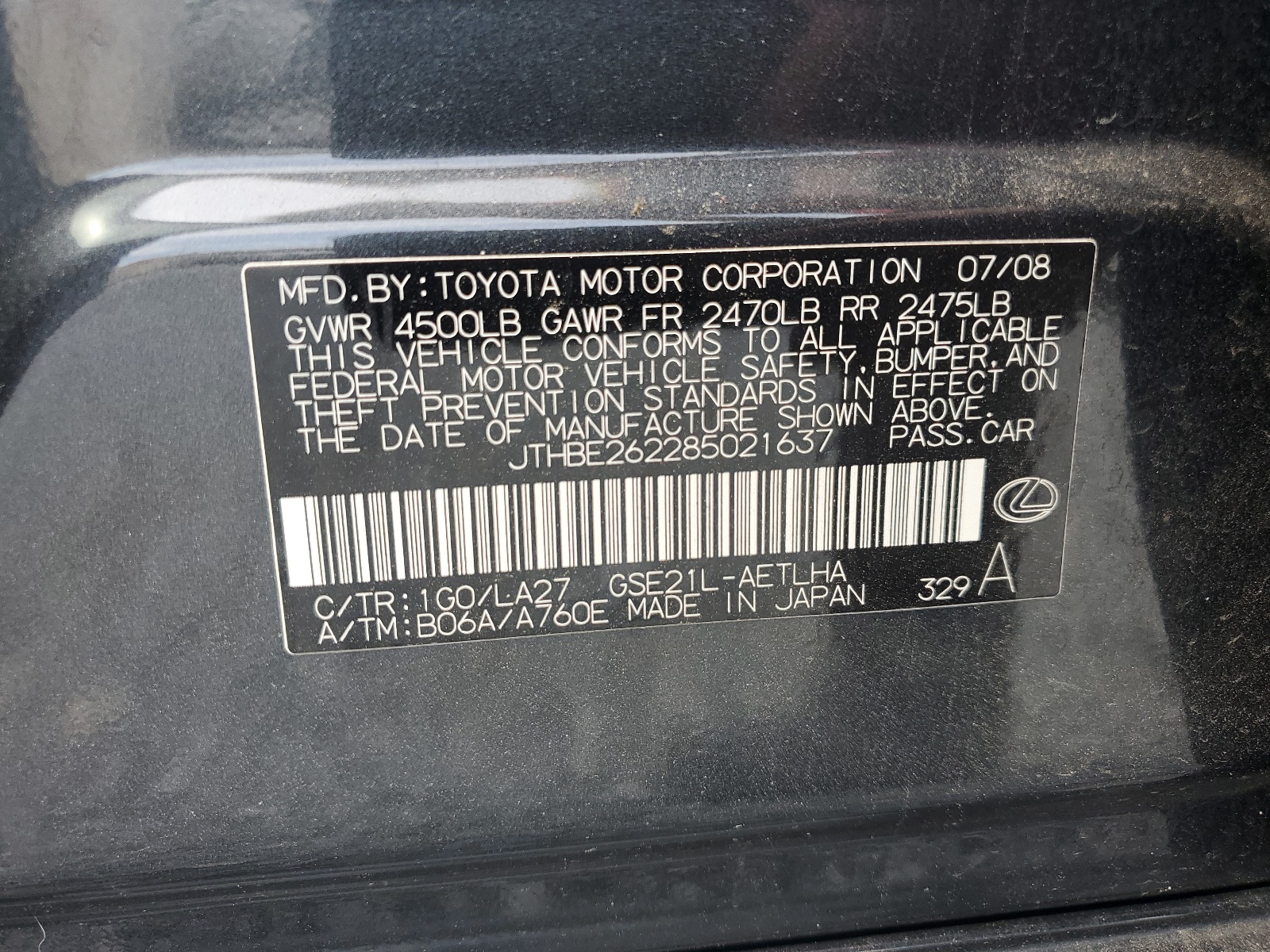 JTHBE262285021637 2008 Lexus Is 350