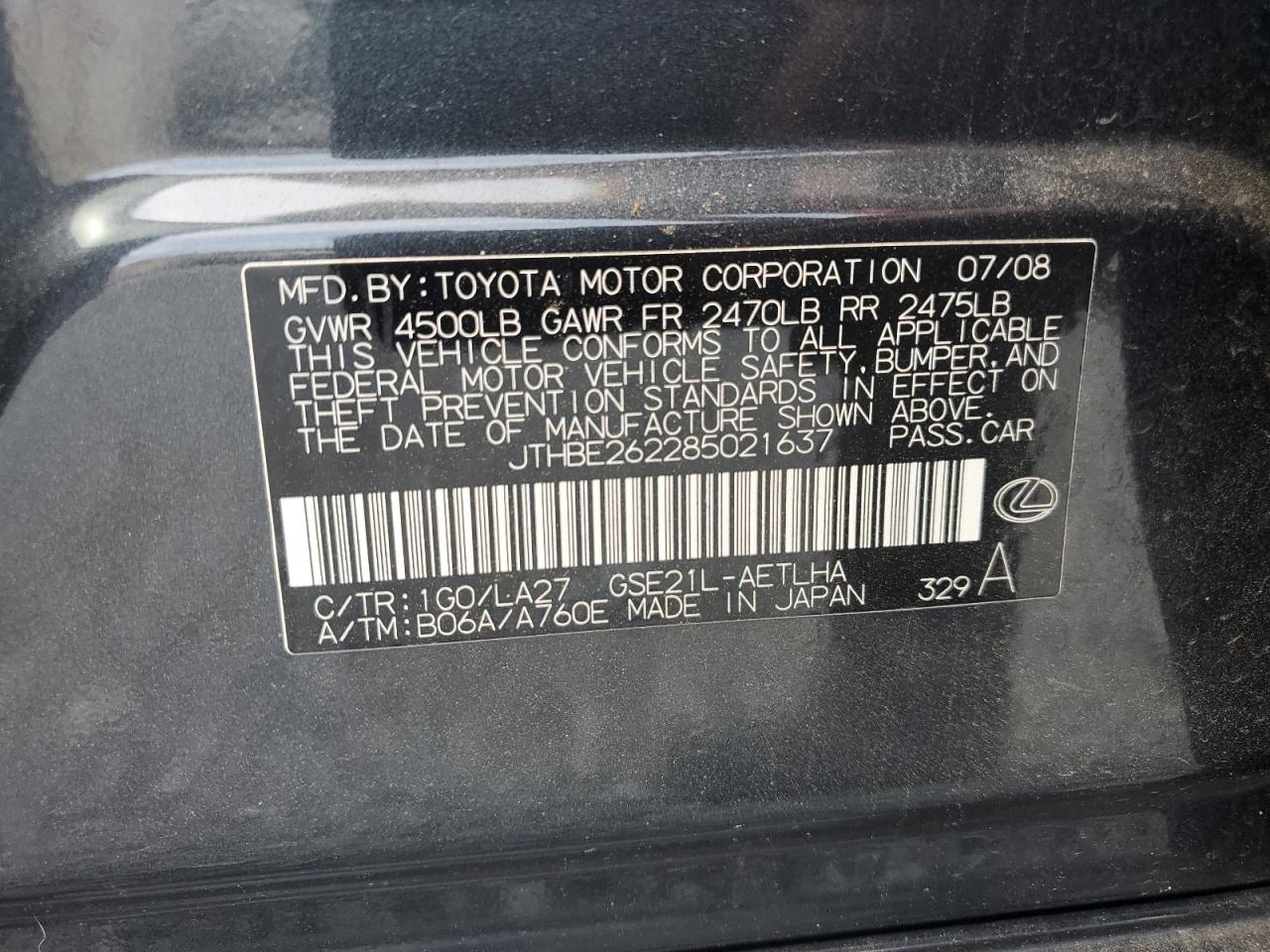 2008 Lexus Is 350 VIN: JTHBE262285021637 Lot: 63022084