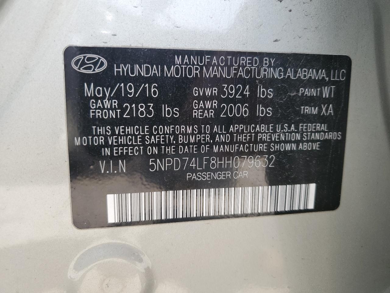 2017 Hyundai Elantra Se VIN: 5NPD74LF8HH079632 Lot: 62399684