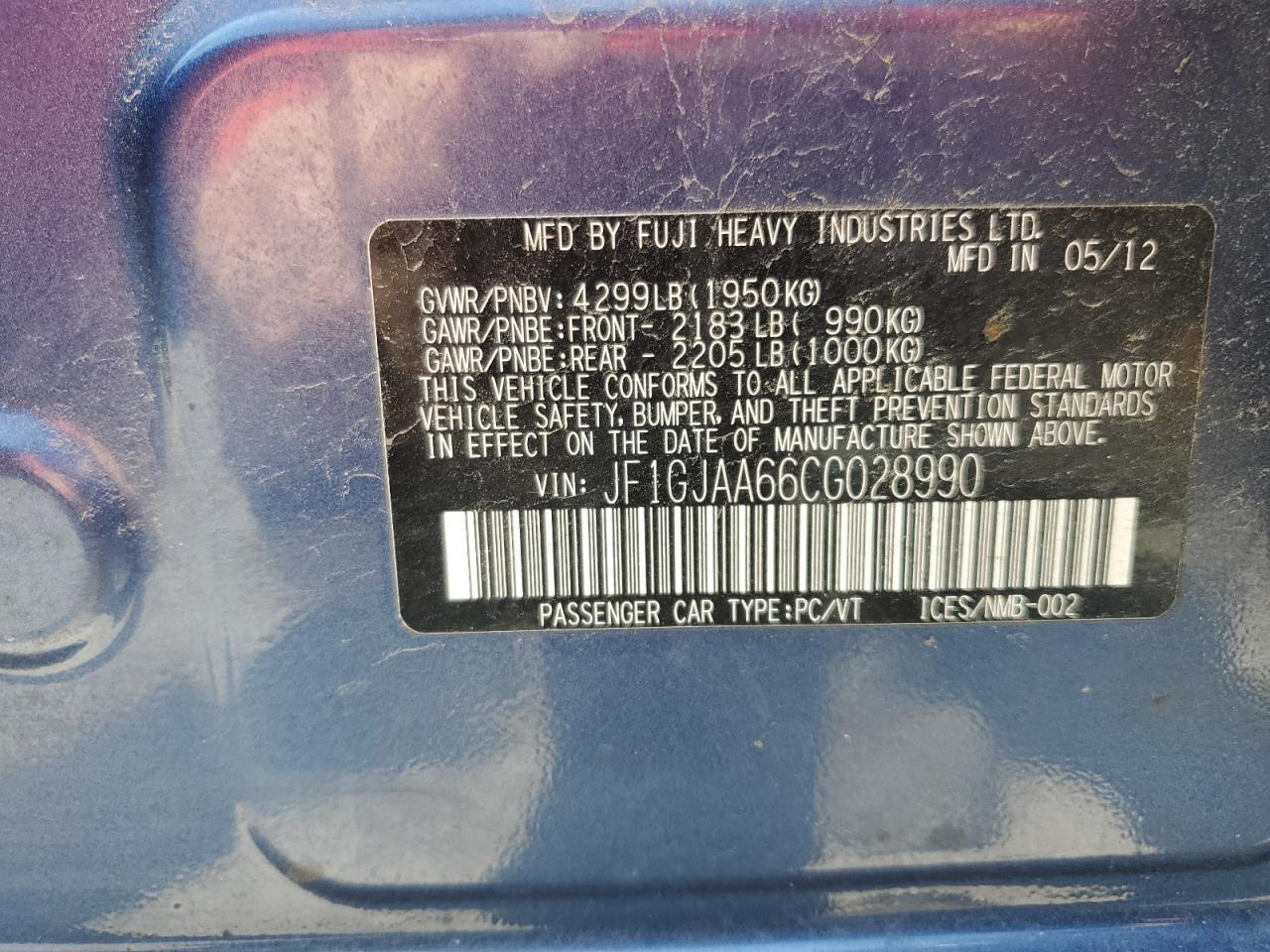 2012 Subaru Impreza VIN: JF1GJAA66CG028990 Lot: 63005124