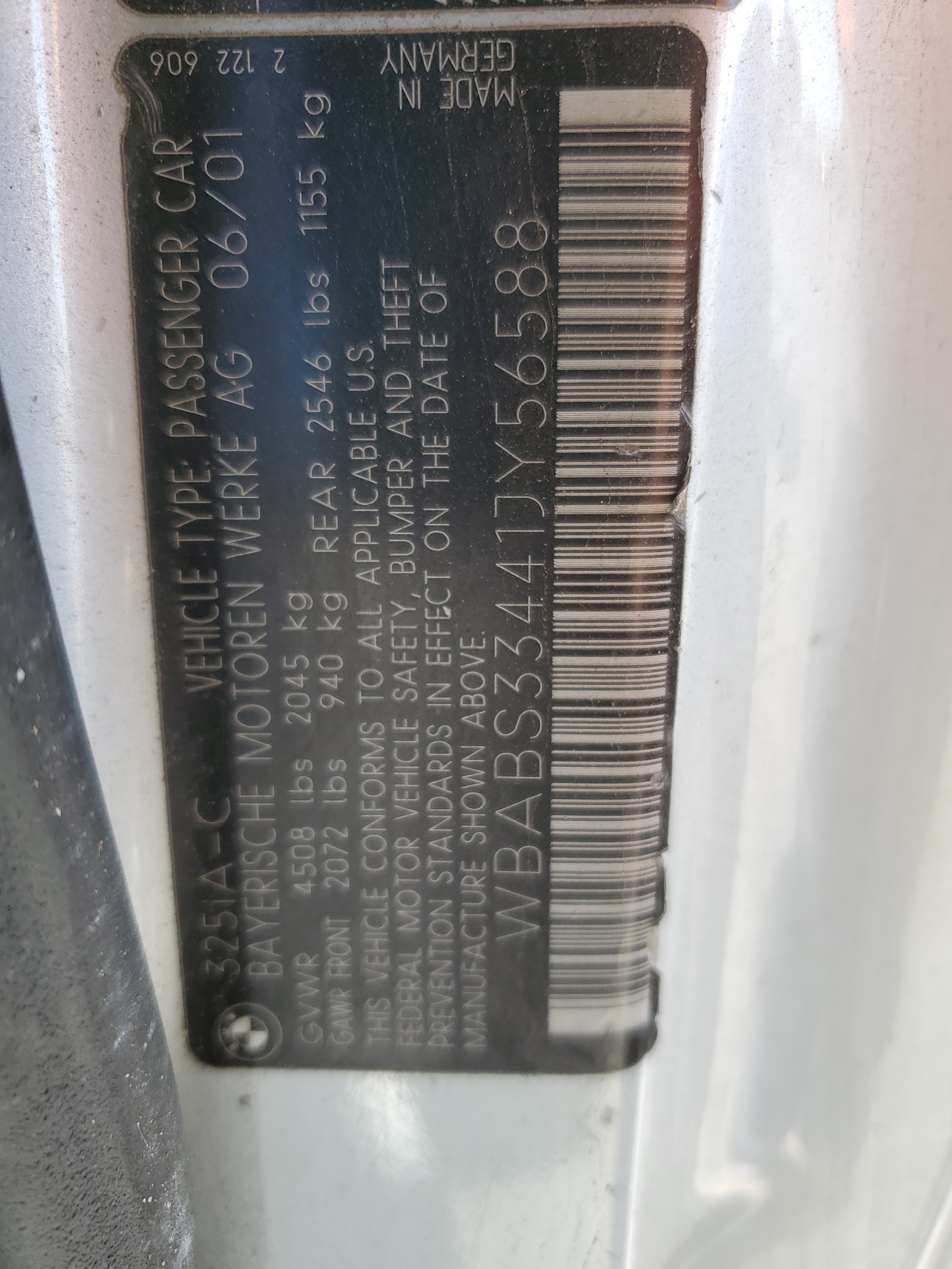 WBABS33441JY56588 2001 BMW 325 Ci