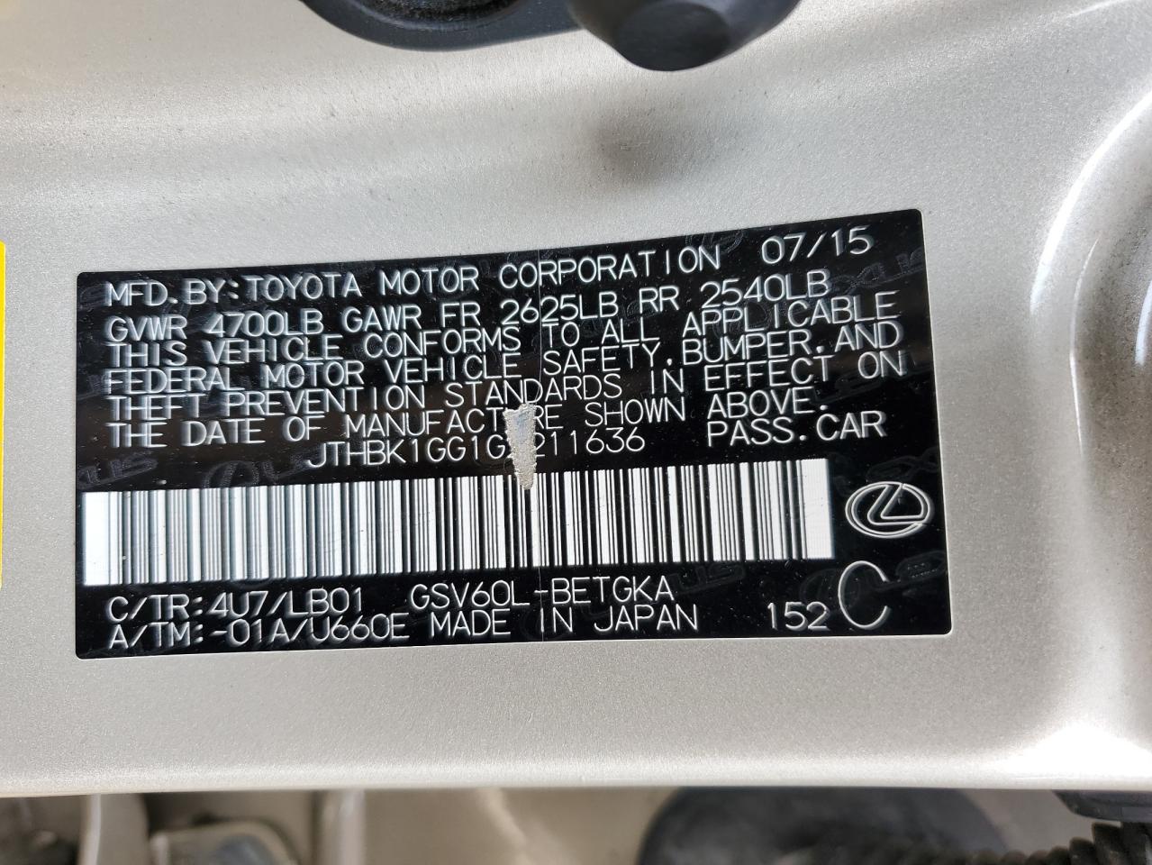 2016 Lexus Es 350 VIN: JTHBK1GG1G2211636 Lot: 64664894