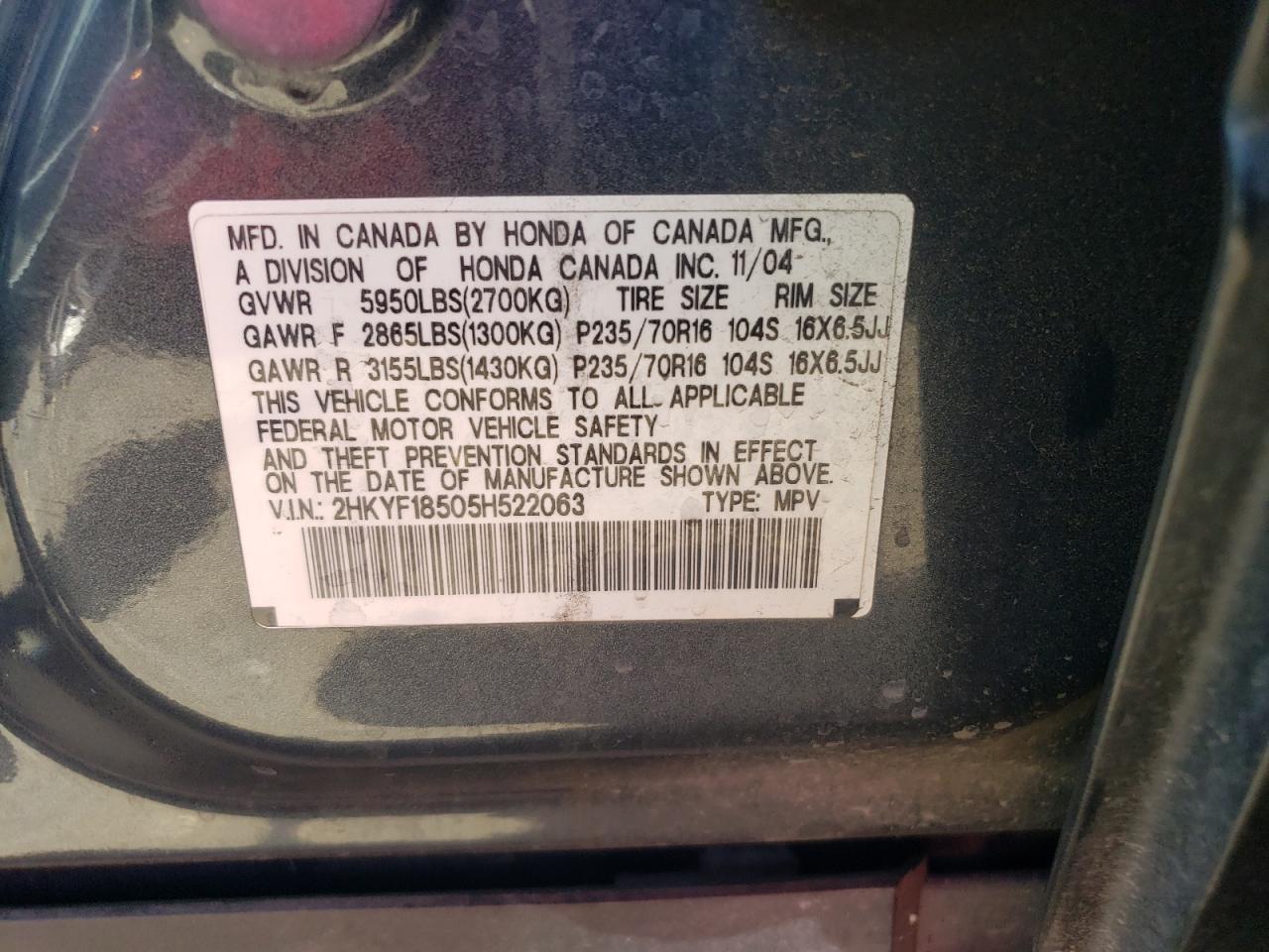 2005 Honda Pilot Exl VIN: 2HKYF18505H522063 Lot: 63716414