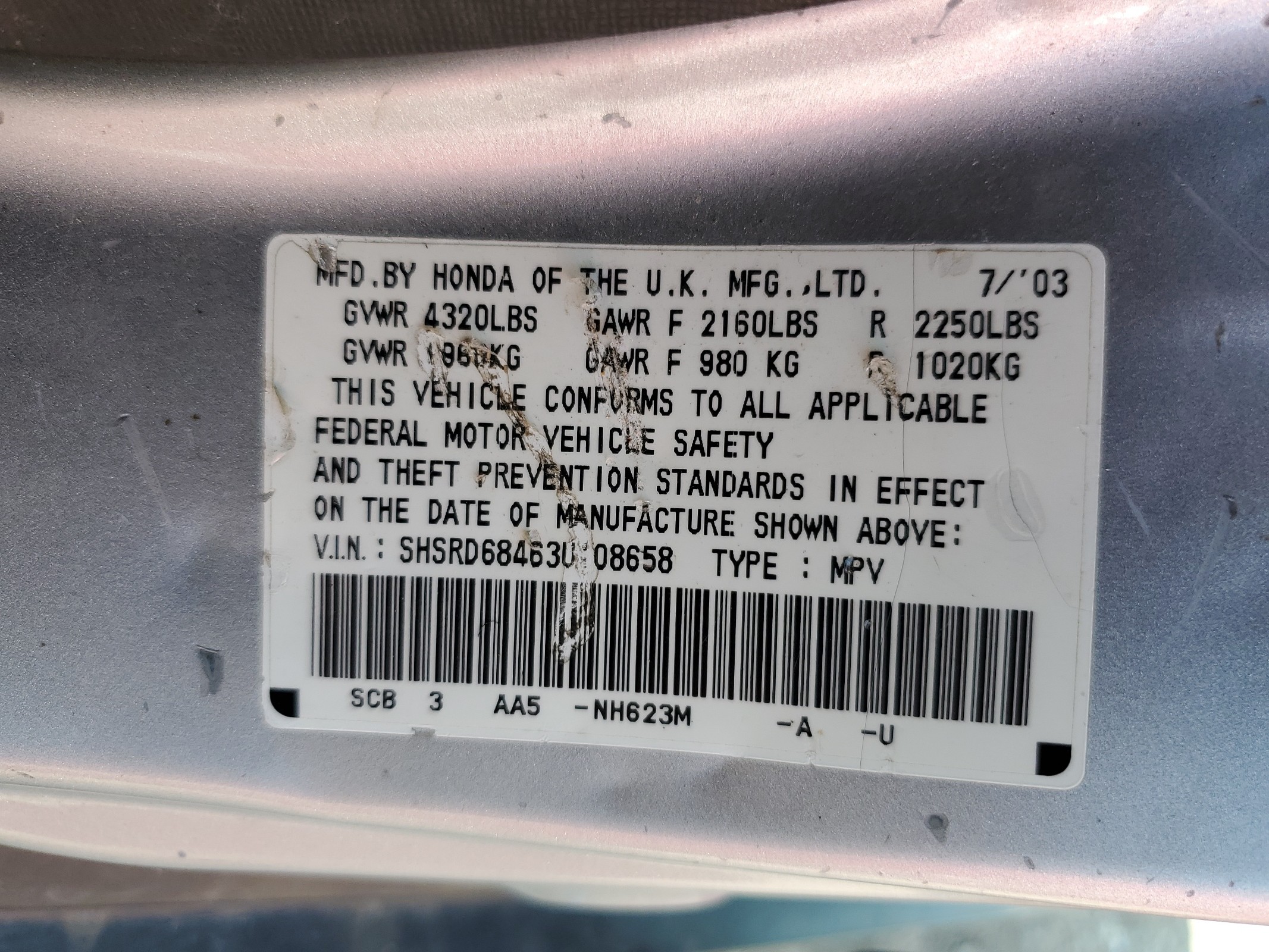 SHSRD68463U108658 2003 Honda Cr-V Lx