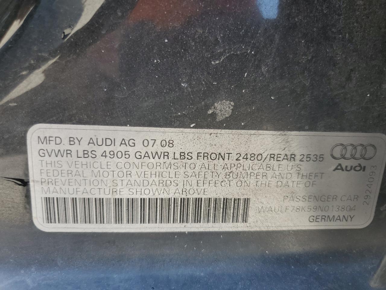 2009 Audi A4 2.0T Quattro VIN: WAULF78K59N013804 Lot: 63076844