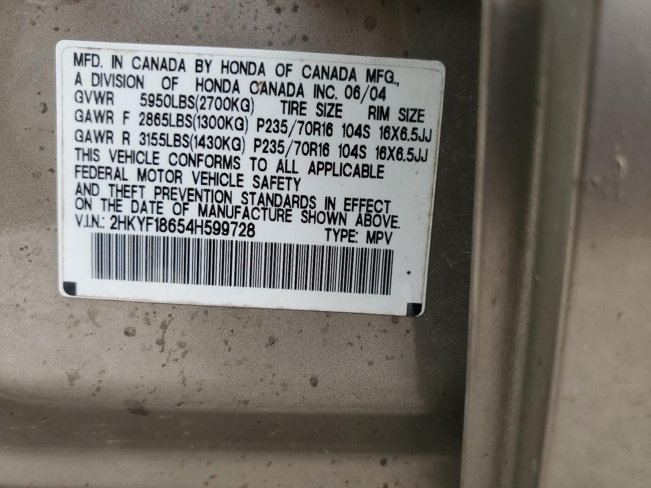2HKYF18654H599728 2004 Honda Pilot Exl