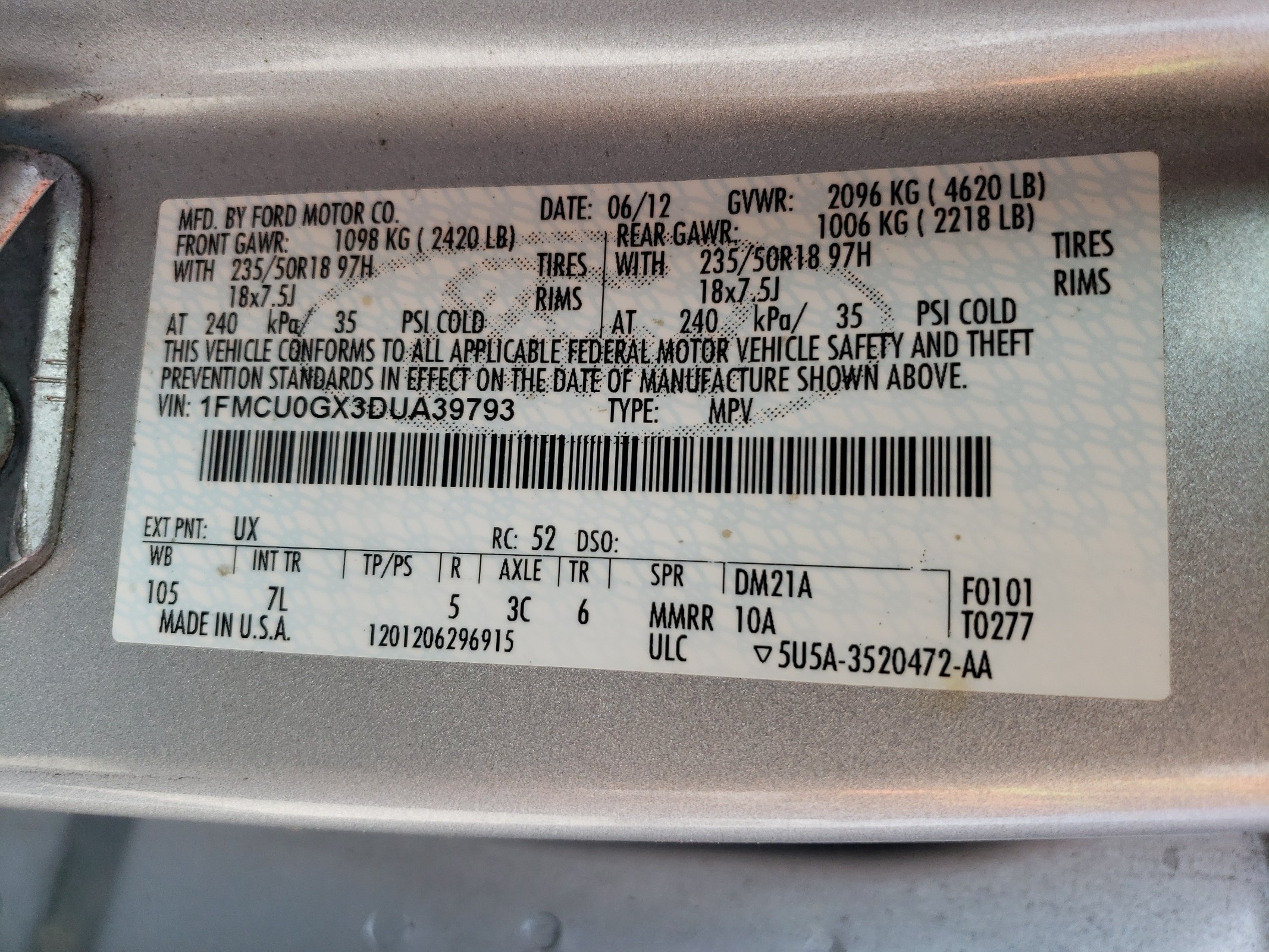 1FMCU0GX3DUA39793 2013 Ford Escape Se