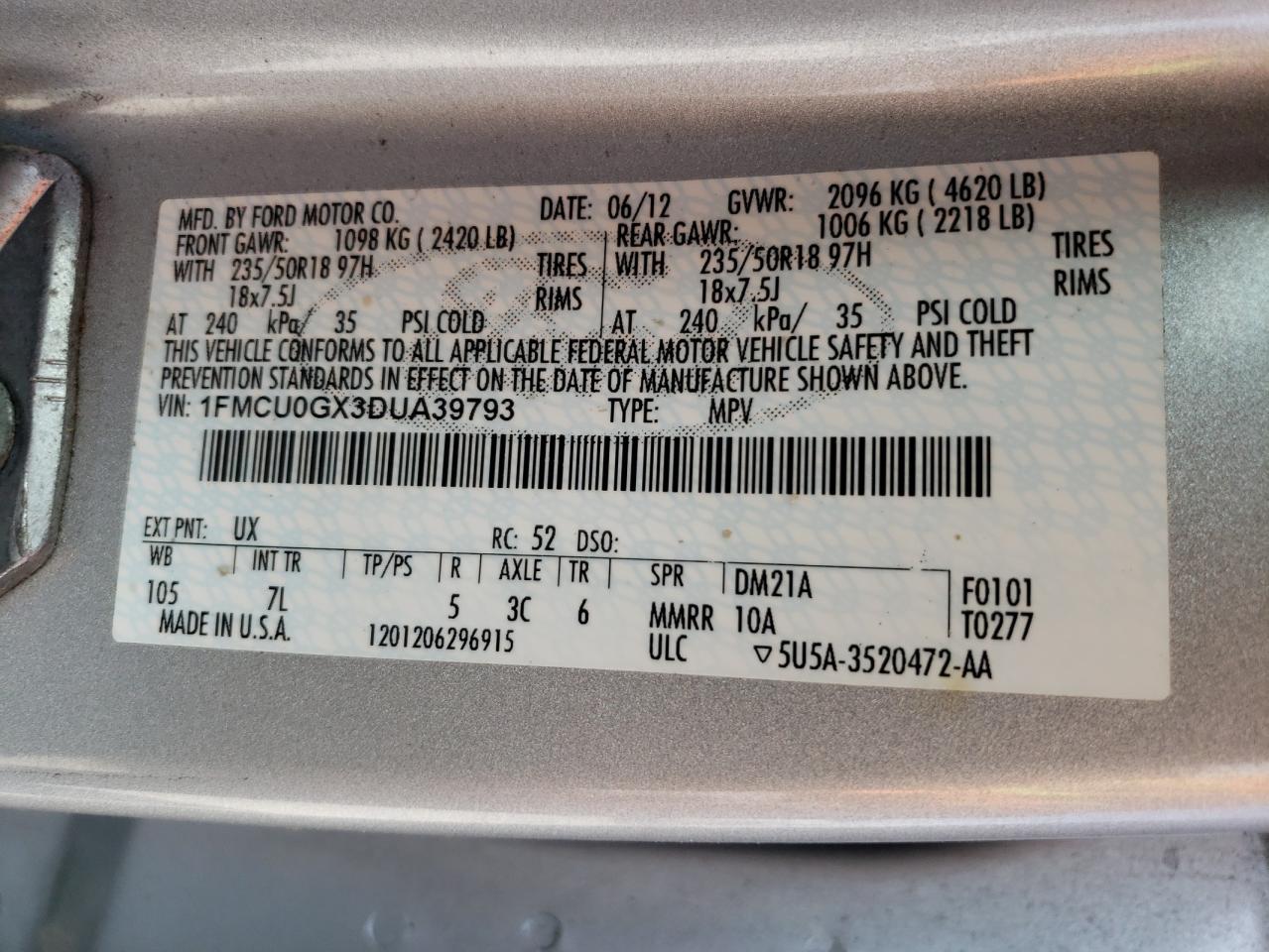 2013 Ford Escape Se VIN: 1FMCU0GX3DUA39793 Lot: 65281184