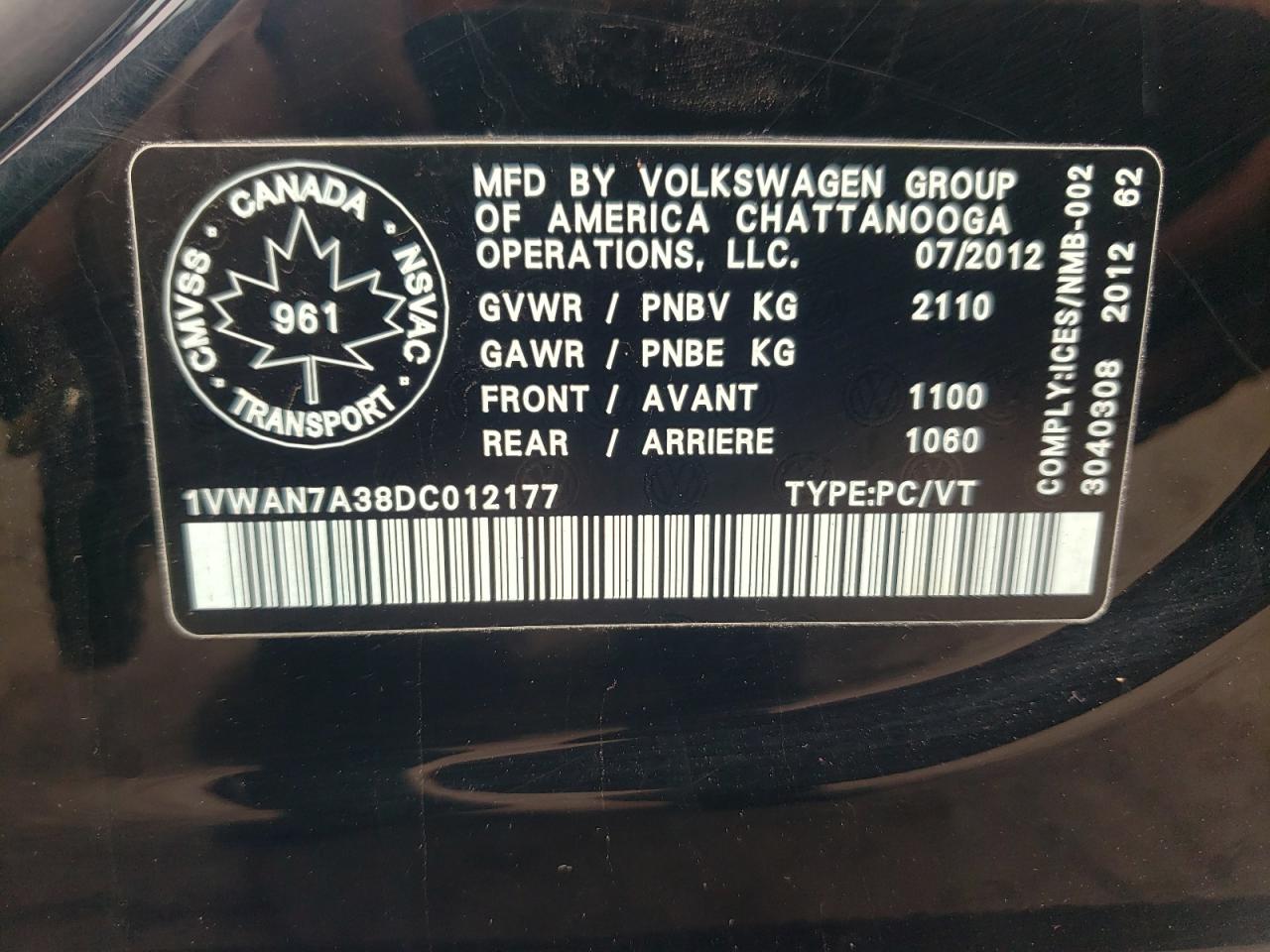 2013 Volkswagen Passat S VIN: 1VWAN7A38DC012177 Lot: 64322344