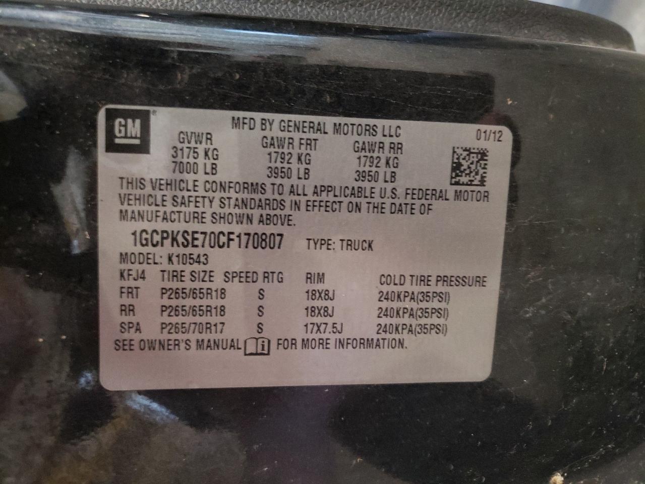 2012 Chevrolet Silverado K1500 Lt VIN: 1GCPKSE70CF170807 Lot: 60548144