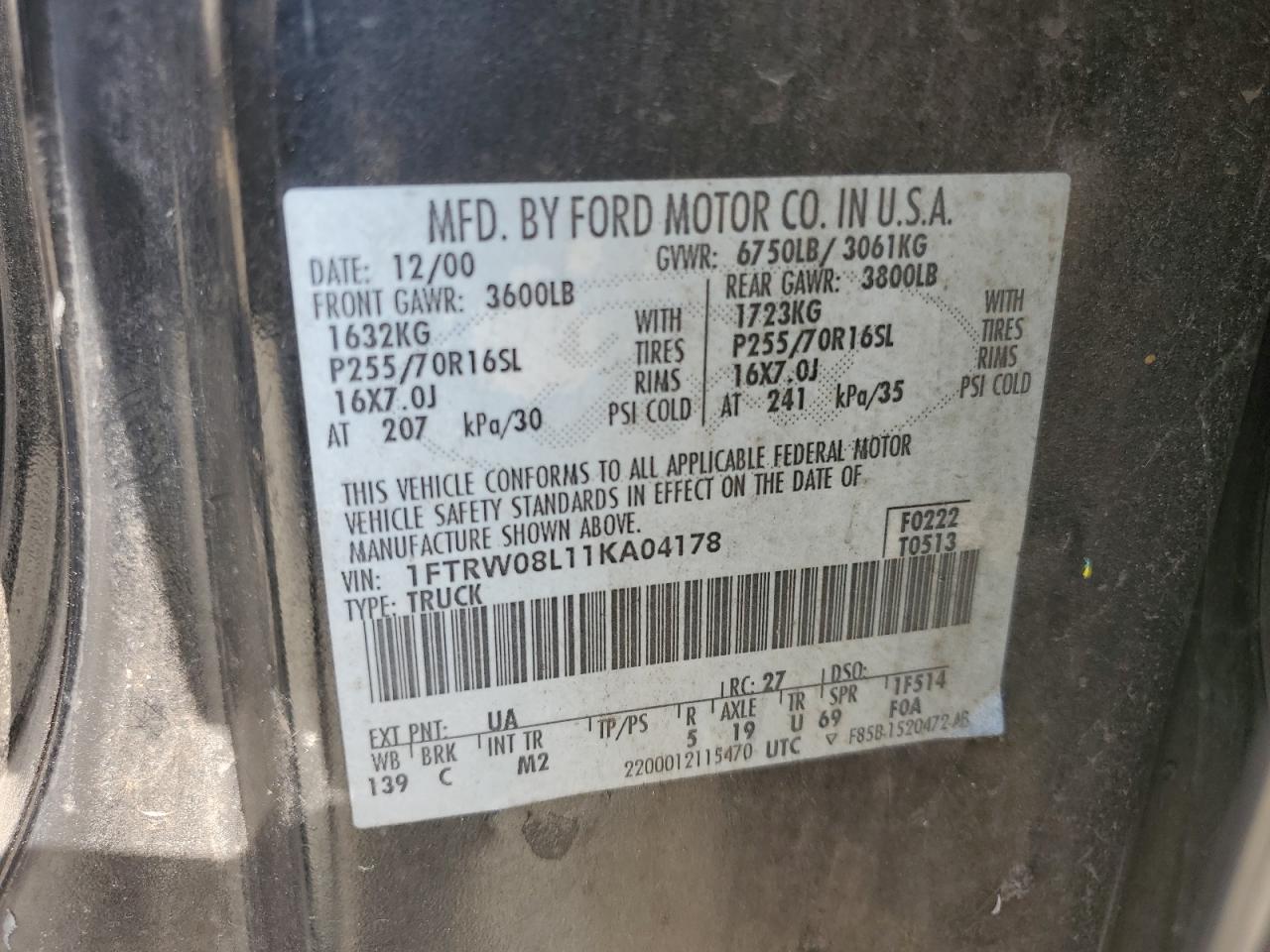 2001 Ford F150 Supercrew VIN: 1FTRW08L11KA04178 Lot: 62992124