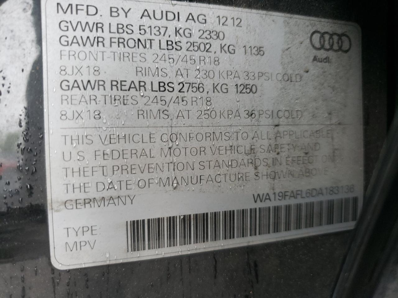 2013 Audi A4 Allroad Premium VIN: WA19FAFL6DA183136 Lot: 64840834