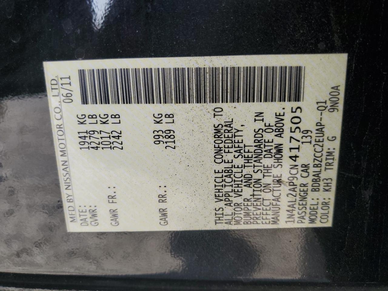 2012 Nissan Altima Base VIN: 1N4AL2AP9CN417505 Lot: 61881924