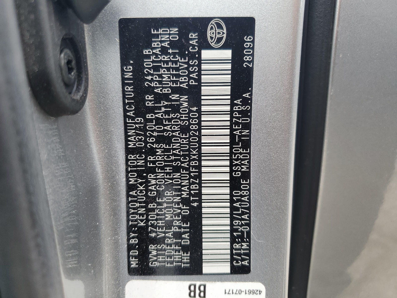 4T1BZ1FBXKU028604 2019 Toyota Avalon Xle