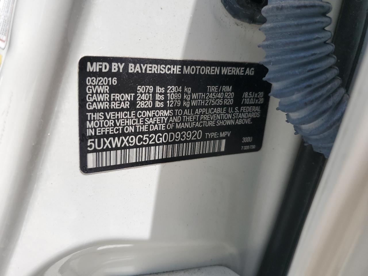 2016 BMW X3 xDrive28I VIN: 5UXWX9C52G0D93920 Lot: 61639094