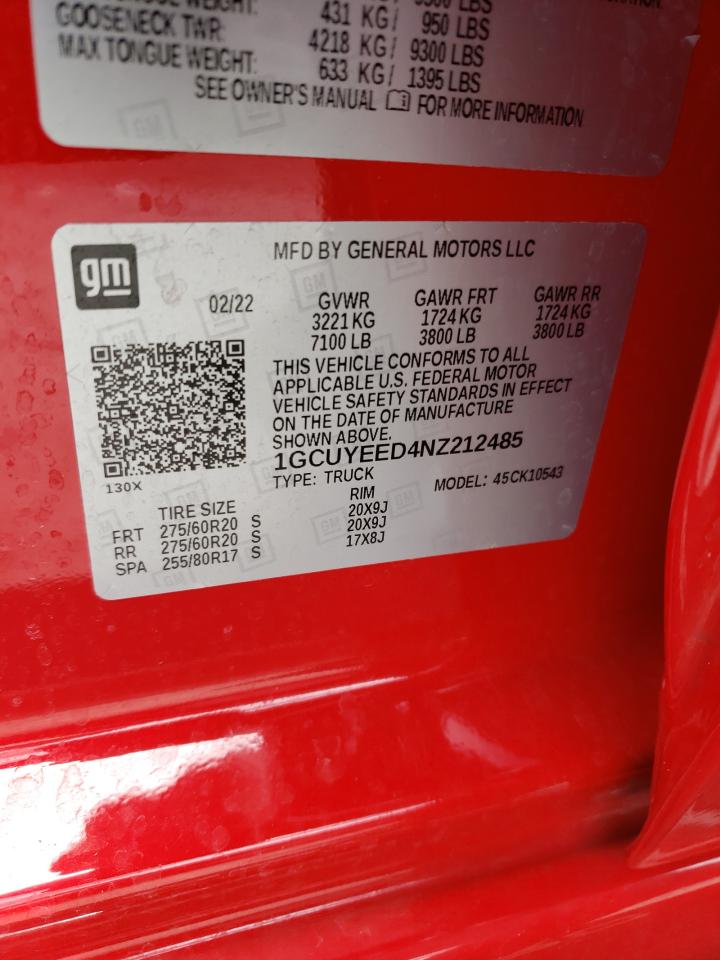 2022 Chevrolet Silverado Ltd K1500 Rst VIN: 1GCUYEED4NZ212485 Lot: 63173974