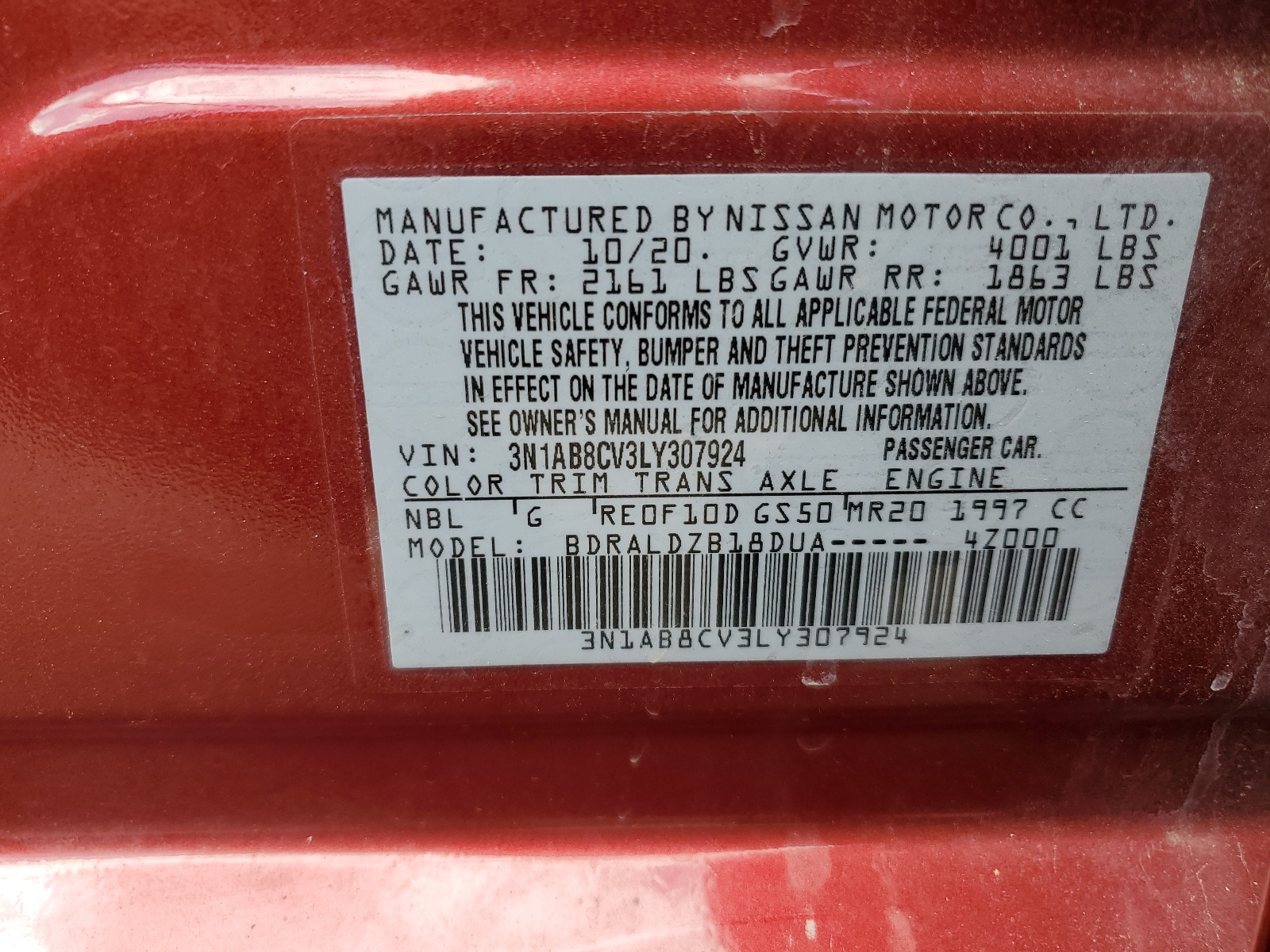 3N1AB8CV3LY307924 2020 Nissan Sentra Sv