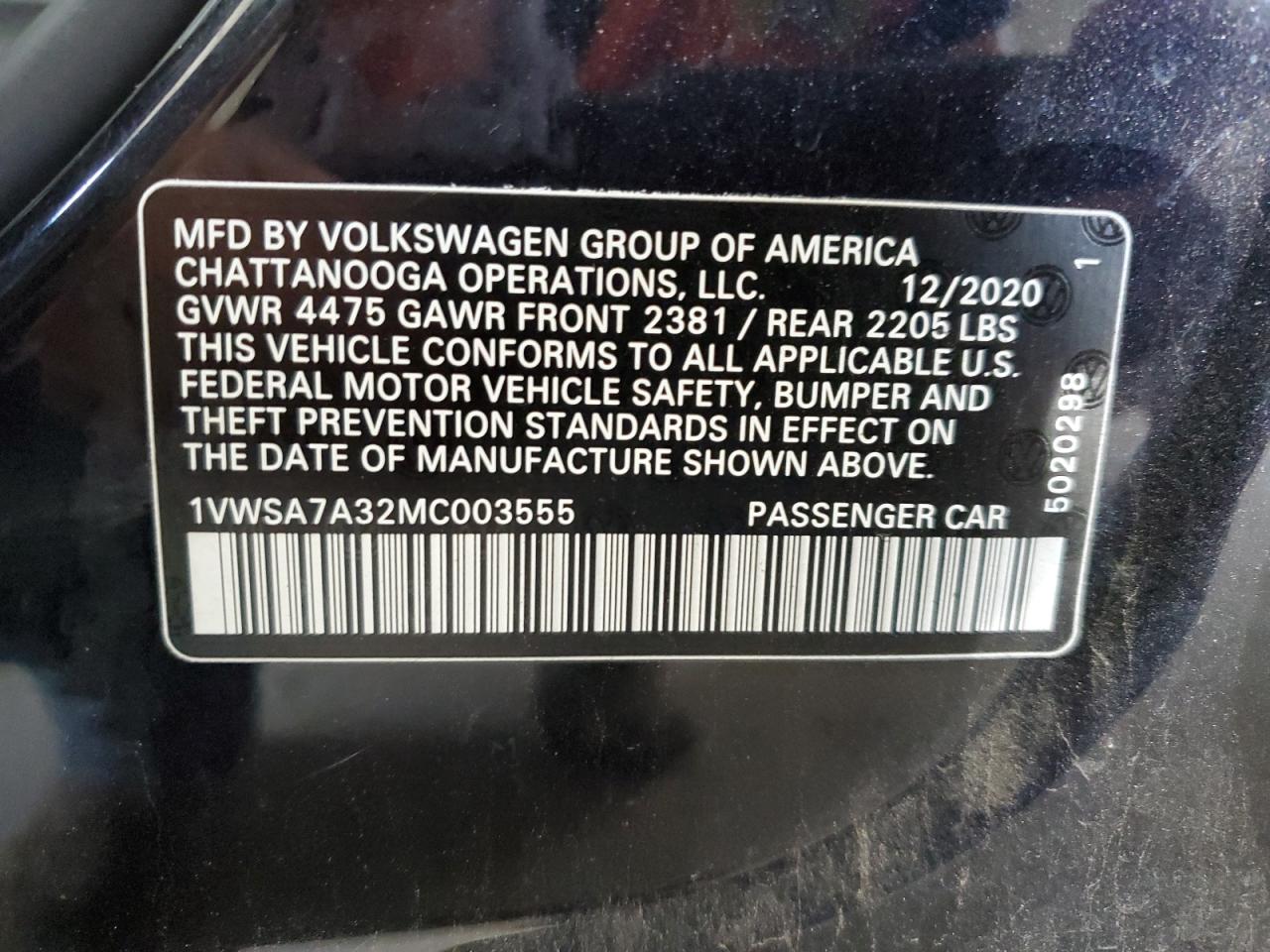 1VWSA7A32MC003555 2021 Volkswagen Passat Se