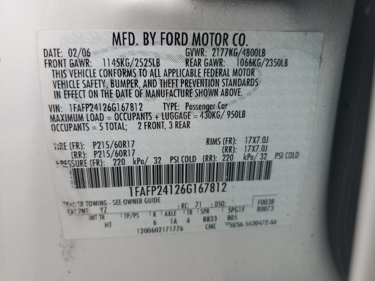 1FAFP24126G167812 2006 Ford Five Hundred Sel