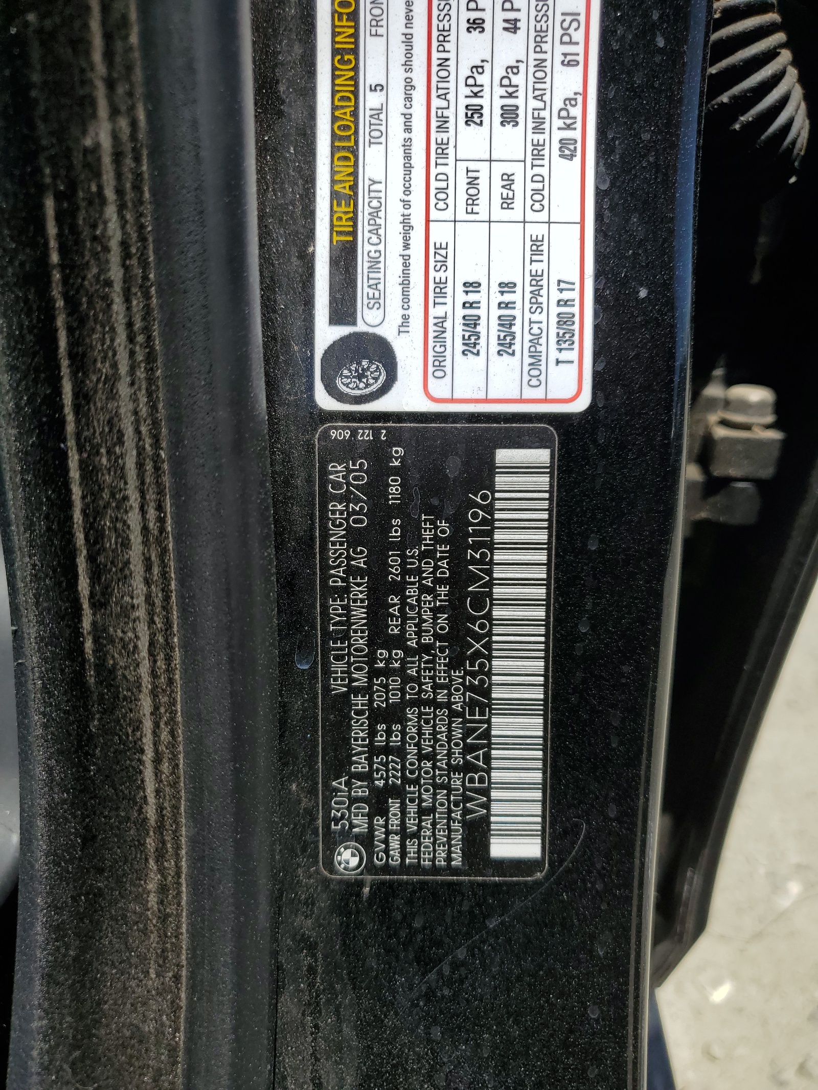 WBANE735X6CM31196 2006 BMW 530 I