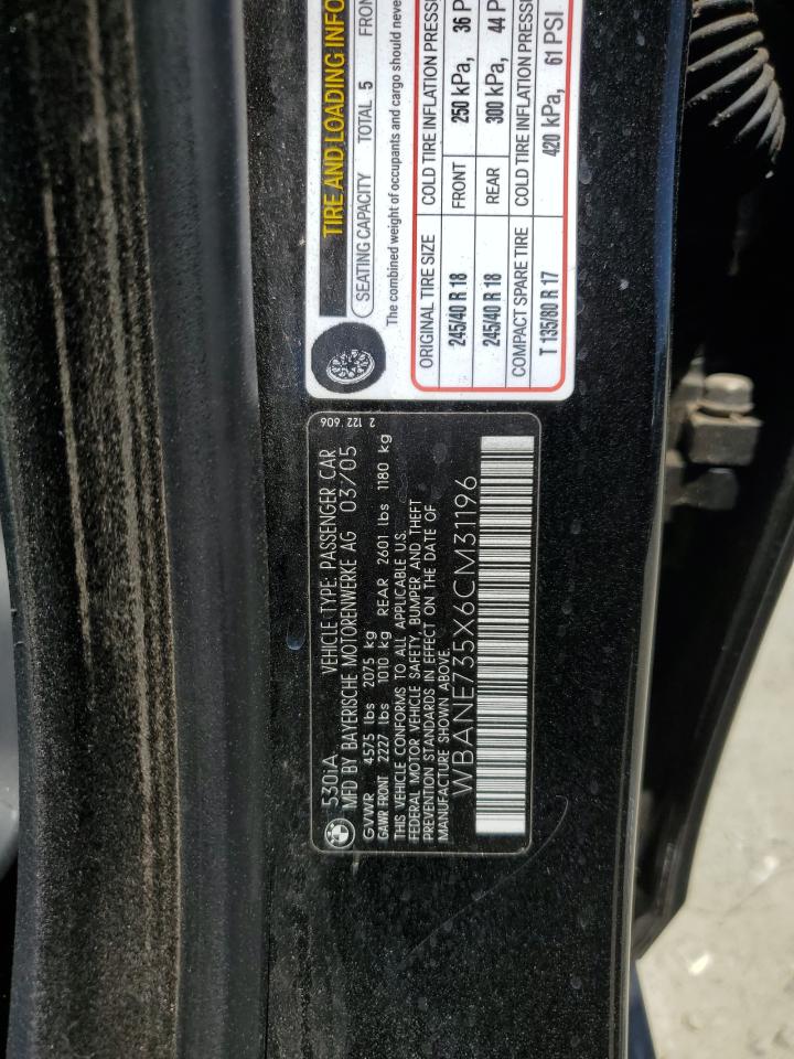 2006 BMW 530 I VIN: WBANE735X6CM31196 Lot: 64462684