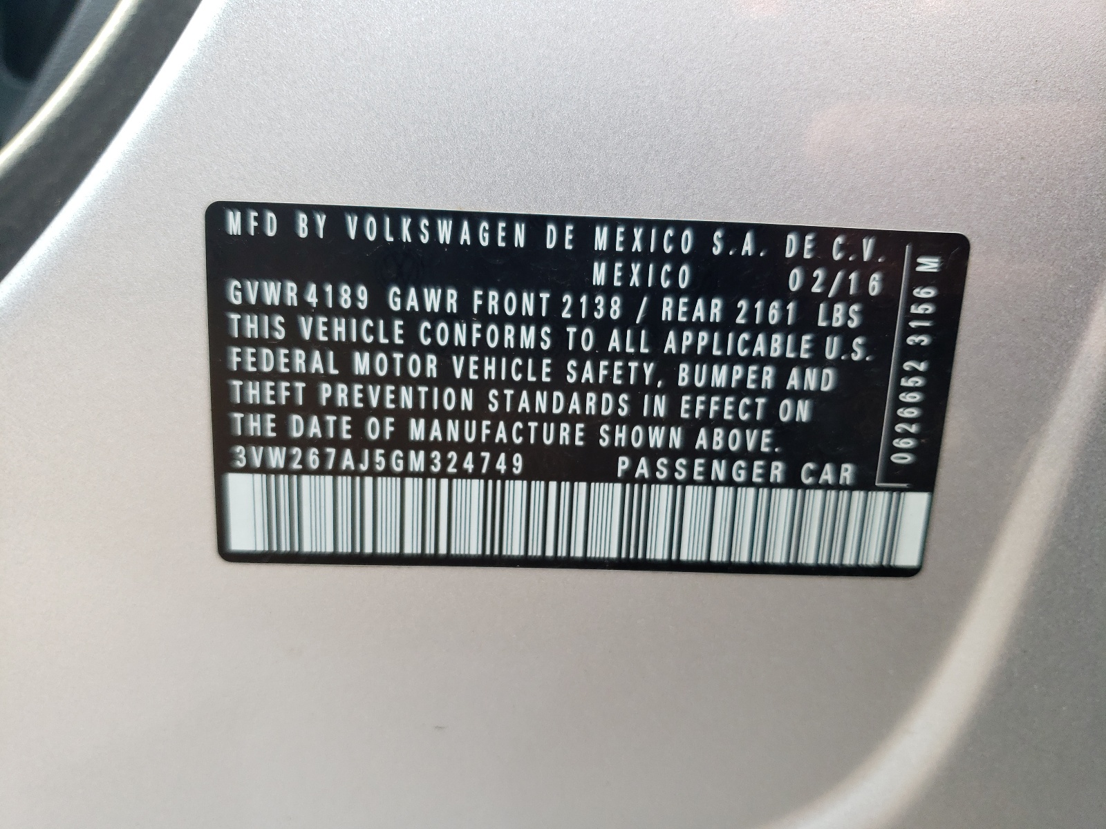 3VW267AJ5GM324749 2016 Volkswagen Jetta S