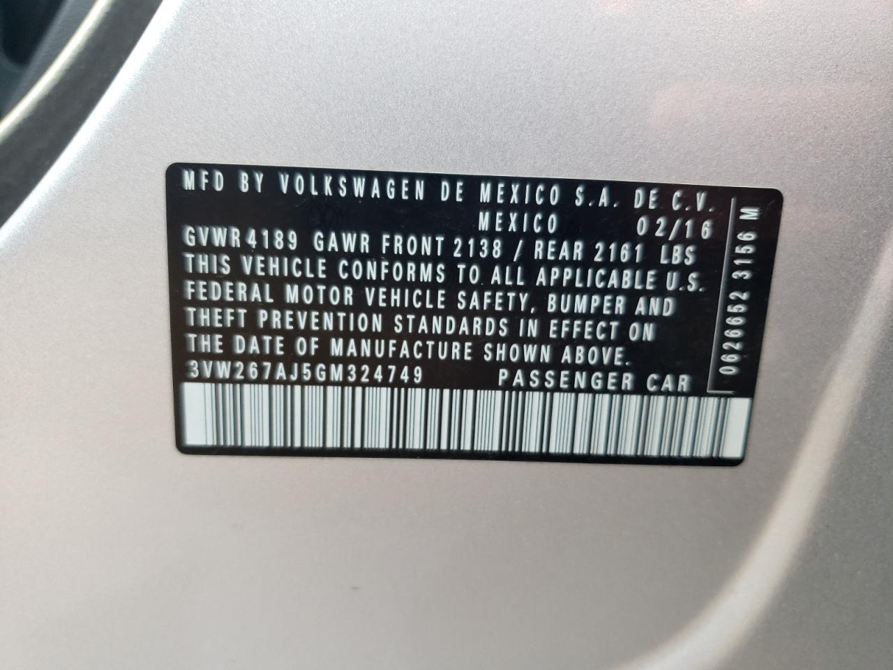 2016 Volkswagen Jetta S VIN: 3VW267AJ5GM324749 Lot: 63795834