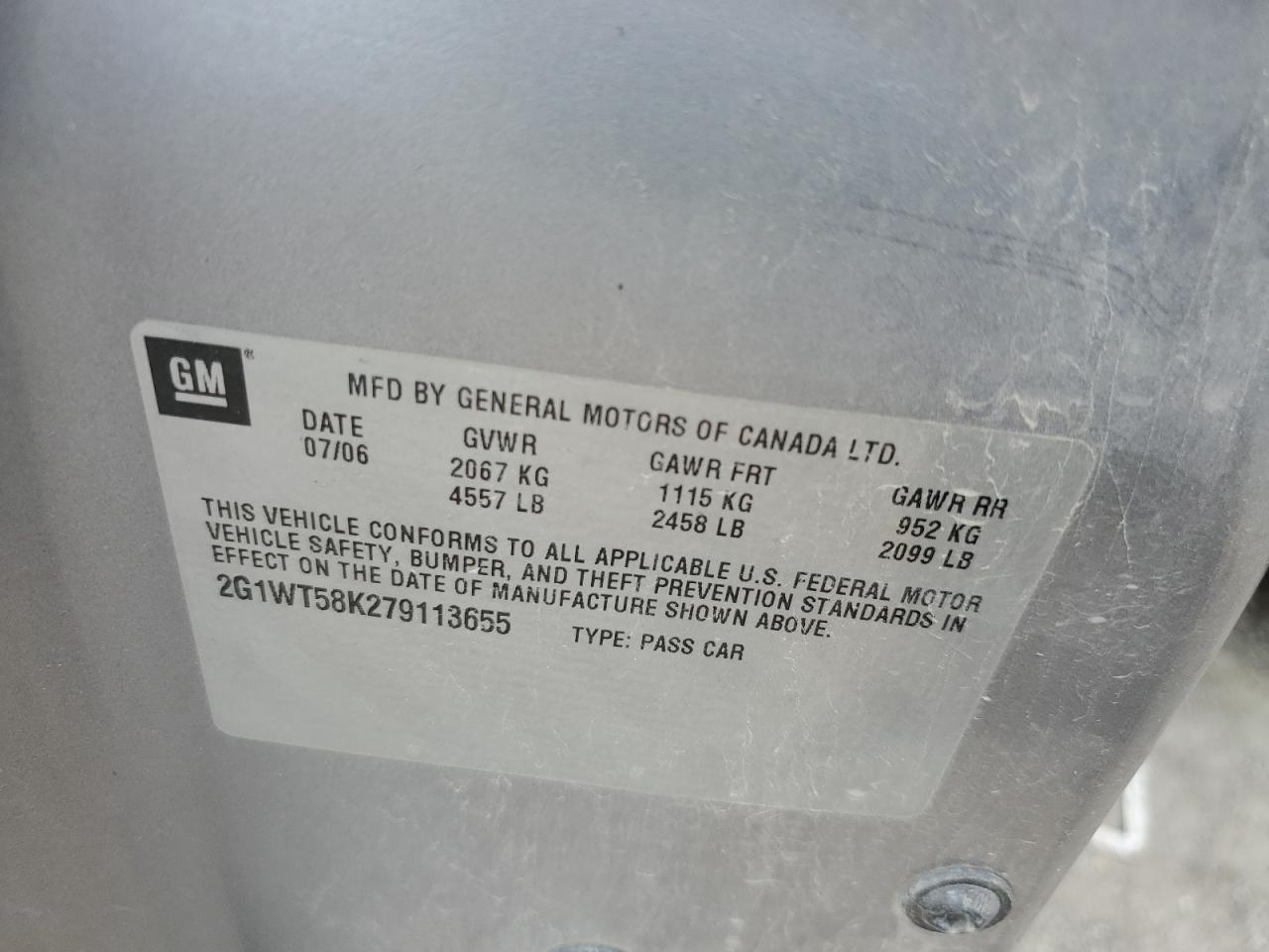 2007 Chevrolet Impala Lt VIN: 2G1WT58K279113655 Lot: 63284514