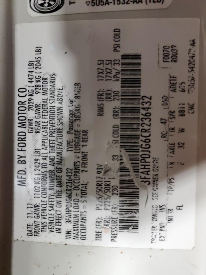 2012 Ford Fusion Sel VIN: 3FAHP0JG6CR236432 Lot: 61795554