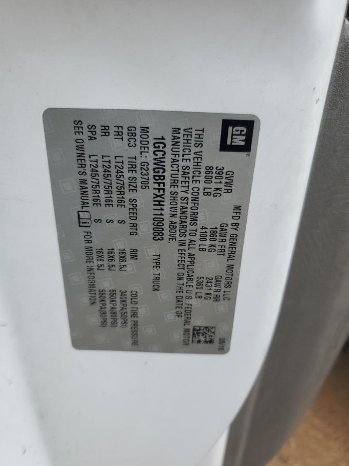 2017 Chevrolet Express G2500 VIN: 1GCWGBFFXH1109083 Lot: 62466884